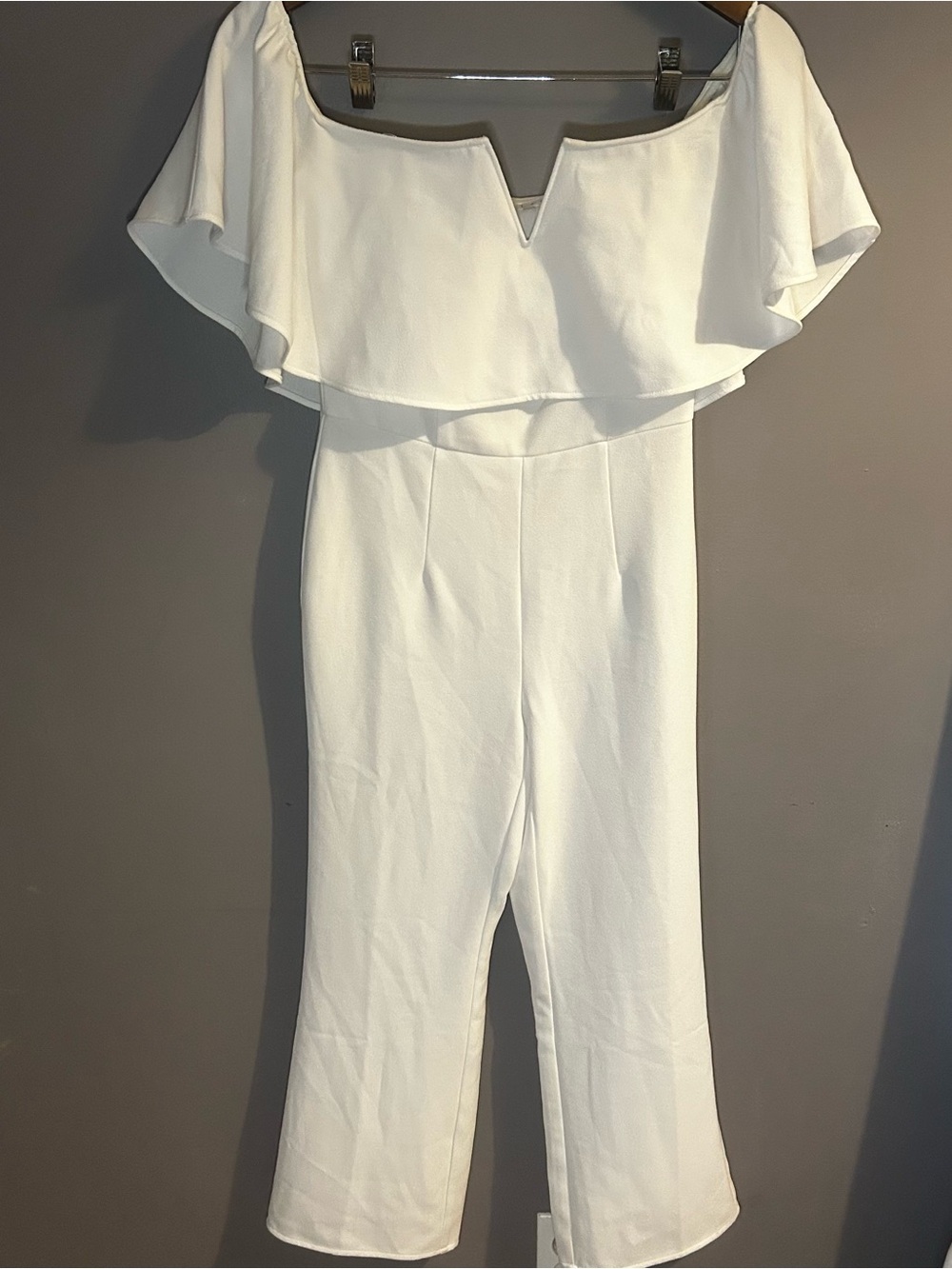 Leith White Off Shoulder Ruffle Jumpsuit XS Wide Leg